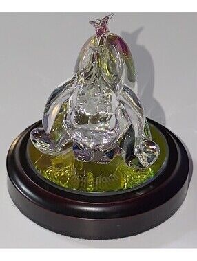 Disney's Winnie The Pooh " Eeyore" Glass Figurine Arribas Bros. Wood Base 4.5”